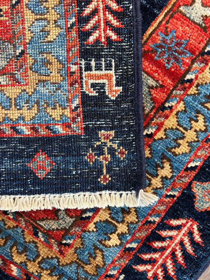 Navy Blue, Rust &amp; Ivory Geometric Wool Runner Rug – 2.8’ x 11.7’