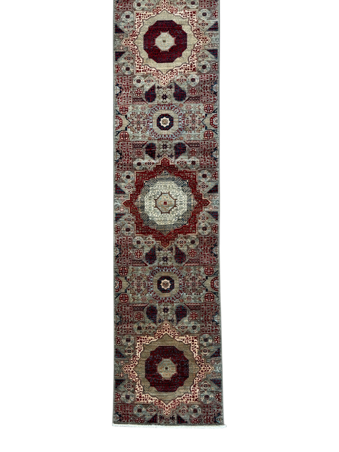 Soft Gray, Burgundy &amp; Navy Geometric Medallion Wool Runner Rug – 2.5’ x 24.8’