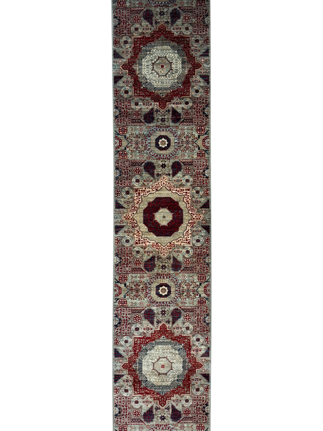 Soft Gray, Burgundy &amp; Navy Geometric Medallion Wool Runner Rug – 2.5’ x 24.8’