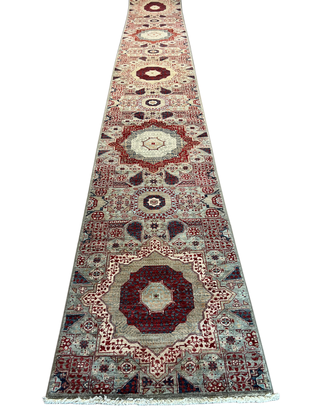 Soft Gray, Burgundy &amp; Navy Geometric Medallion Wool Runner Rug – 2.5’ x 24.8’