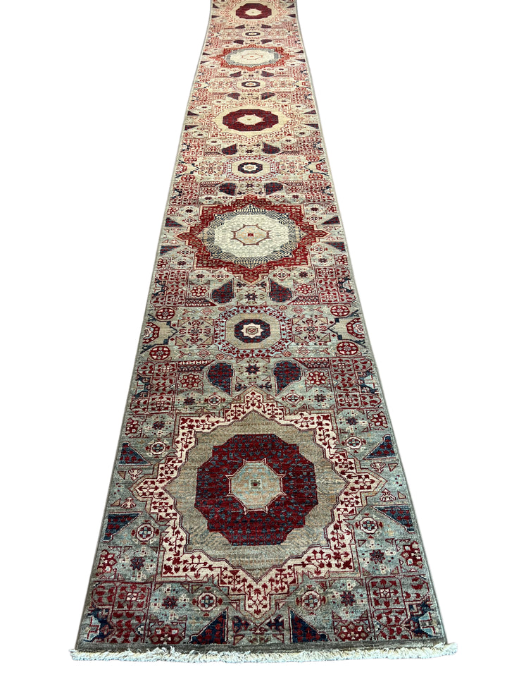 Soft Gray, Burgundy &amp; Navy Geometric Medallion Wool Runner Rug – 2.5’ x 24.8’