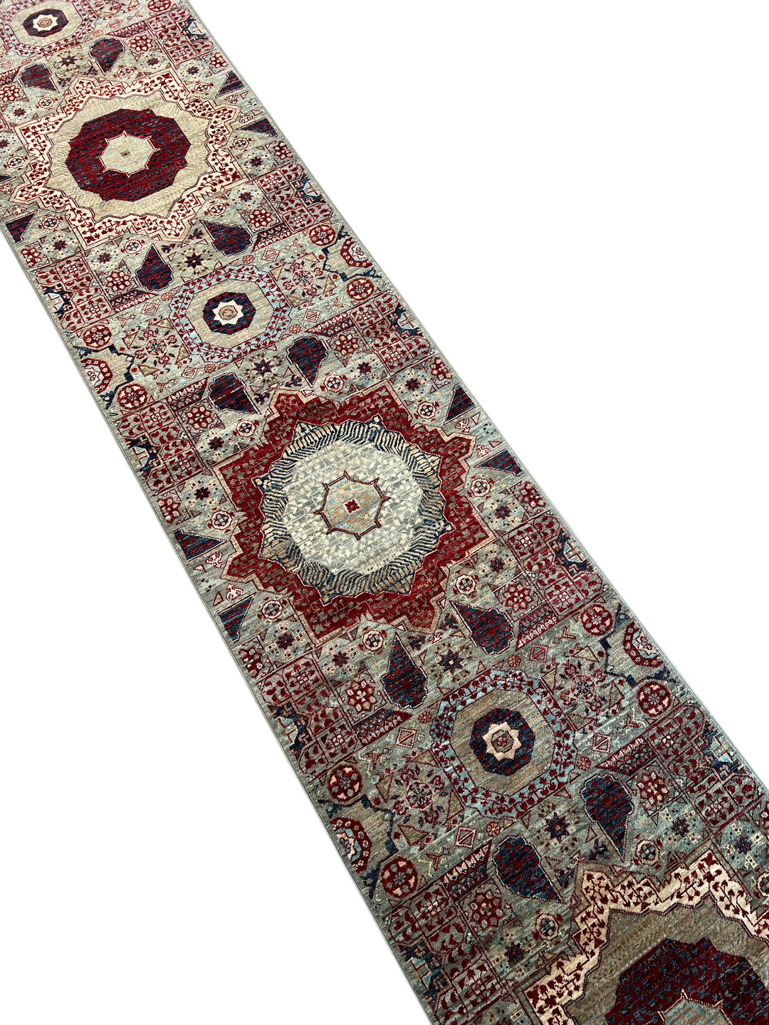 Soft Gray, Burgundy &amp; Navy Geometric Medallion Wool Runner Rug – 2.5’ x 24.8’