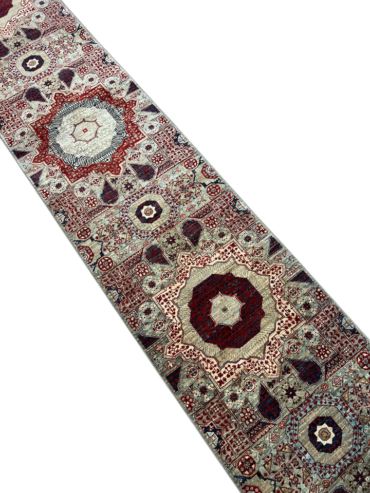 Soft Gray, Burgundy &amp; Navy Geometric Medallion Wool Runner Rug – 2.5’ x 24.8’