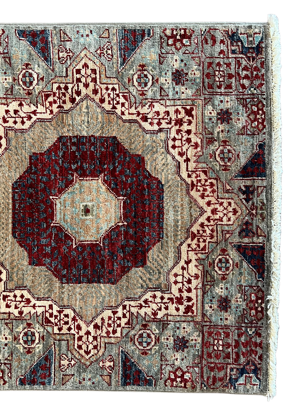 Soft Gray, Burgundy &amp; Navy Geometric Medallion Wool Runner Rug – 2.5’ x 24.8’