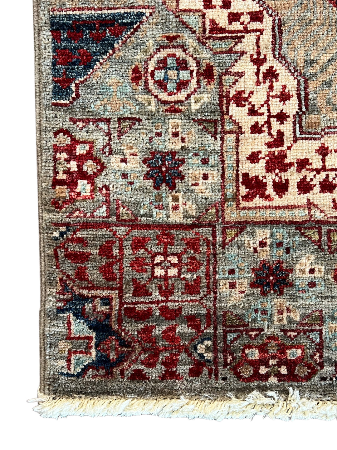 Soft Gray, Burgundy &amp; Navy Geometric Medallion Wool Runner Rug – 2.5’ x 24.8’