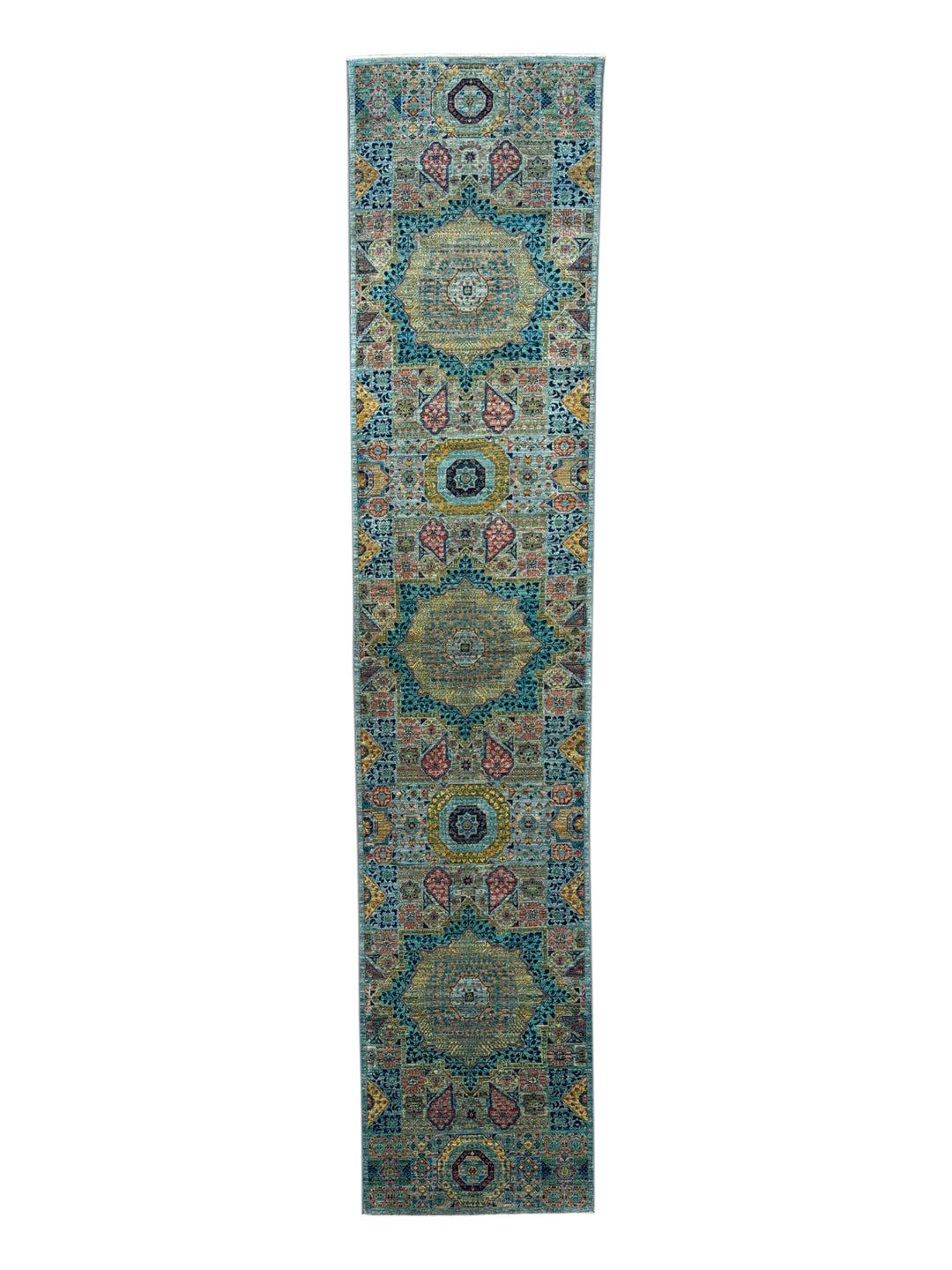 Sage Green, Teal &amp; Gold Geometric Medallion Wool Runner Rug – 2.8’ x 12.9’