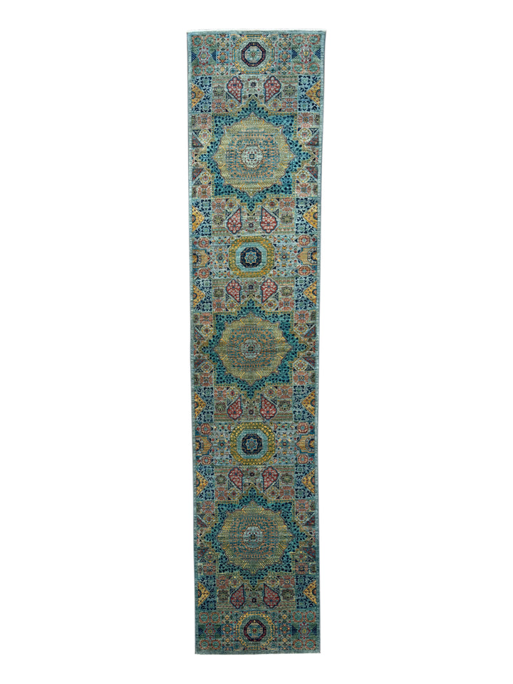 Sage Green, Teal &amp; Gold Geometric Medallion Wool Runner Rug – 2.8’ x 12.9’