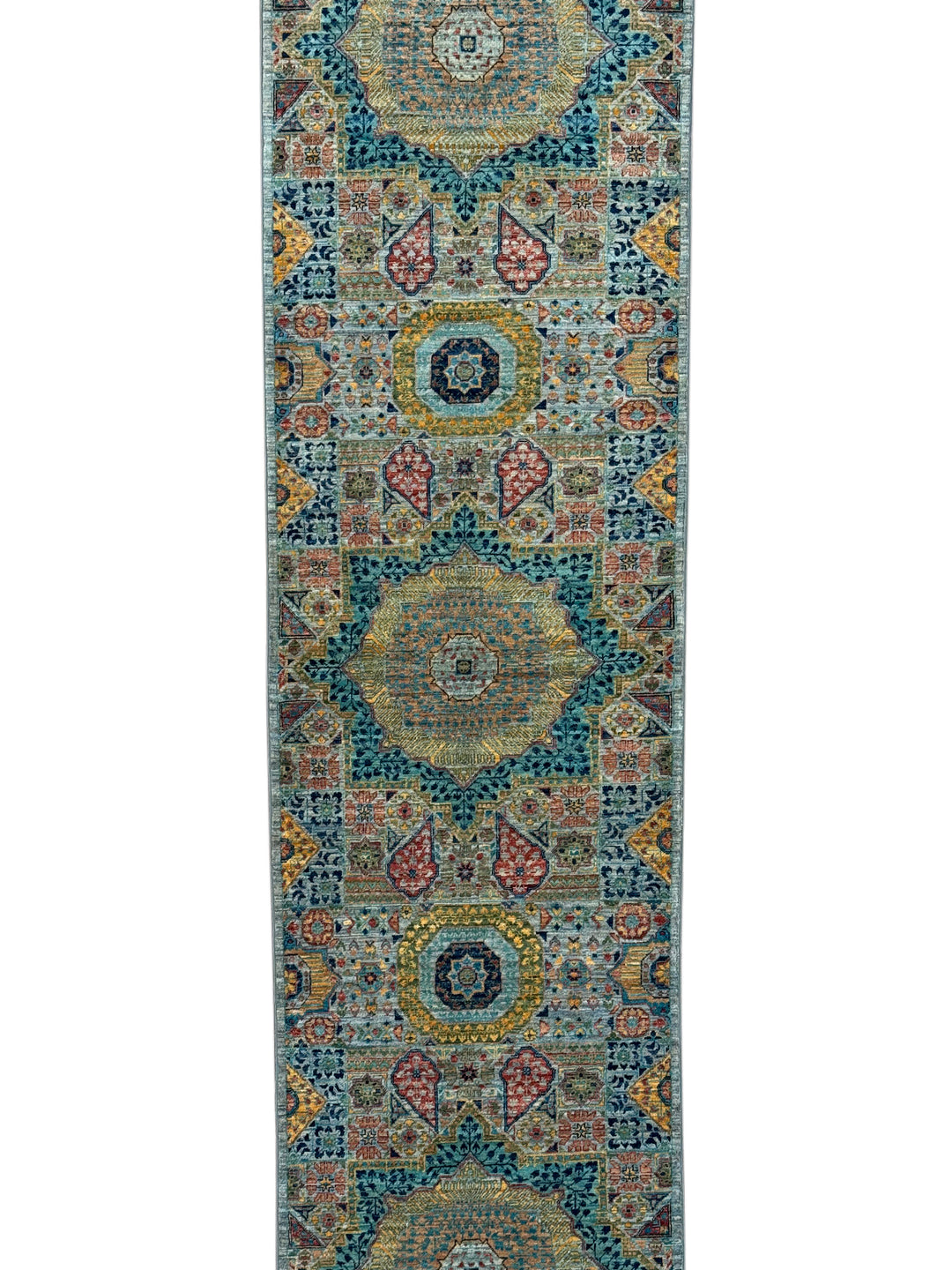 Sage Green, Teal &amp; Gold Geometric Medallion Wool Runner Rug – 2.8’ x 12.9’