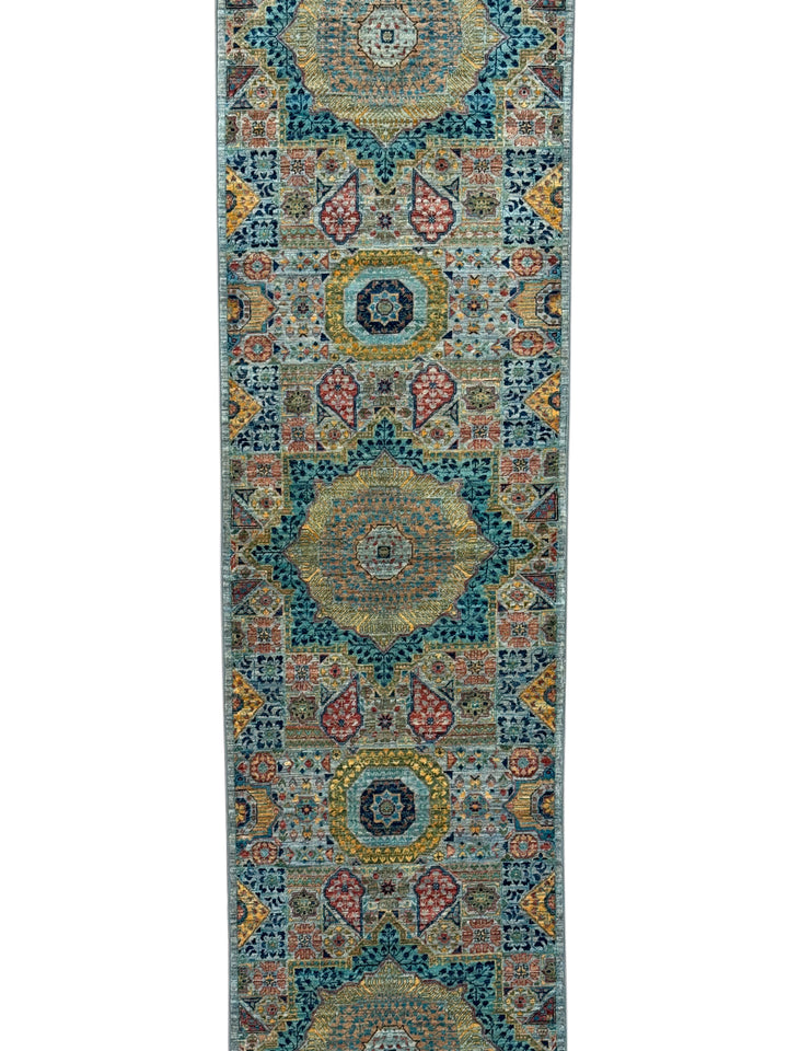 Sage Green, Teal &amp; Gold Geometric Medallion Wool Runner Rug – 2.8’ x 12.9’