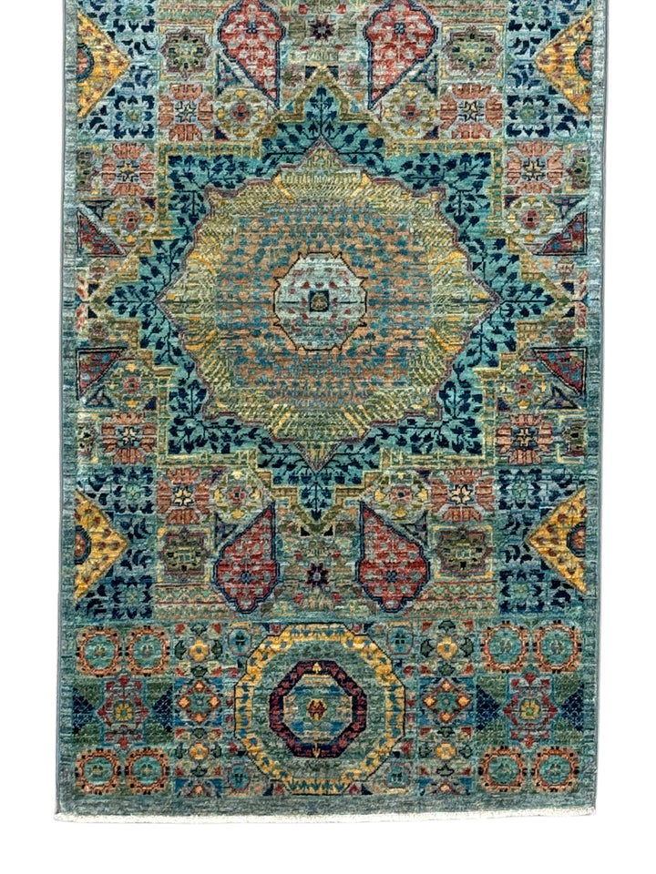 Sage Green, Teal &amp; Gold Geometric Medallion Wool Runner Rug – 2.8’ x 12.9’