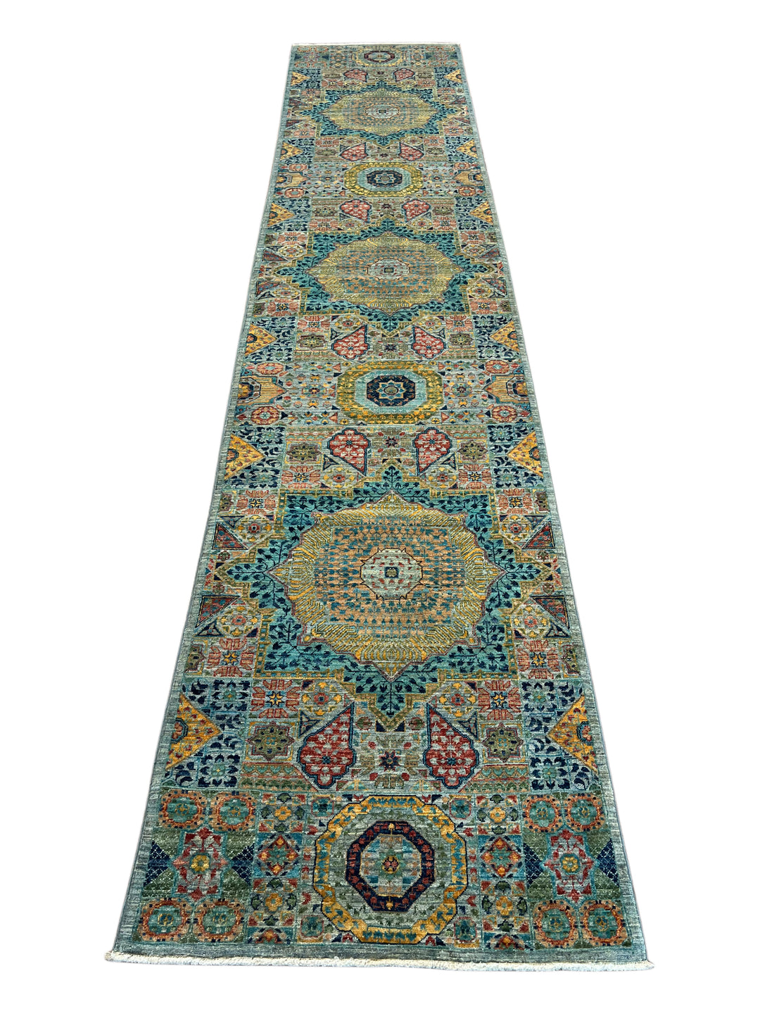 Sage Green, Teal &amp; Gold Geometric Medallion Wool Runner Rug – 2.8’ x 12.9’