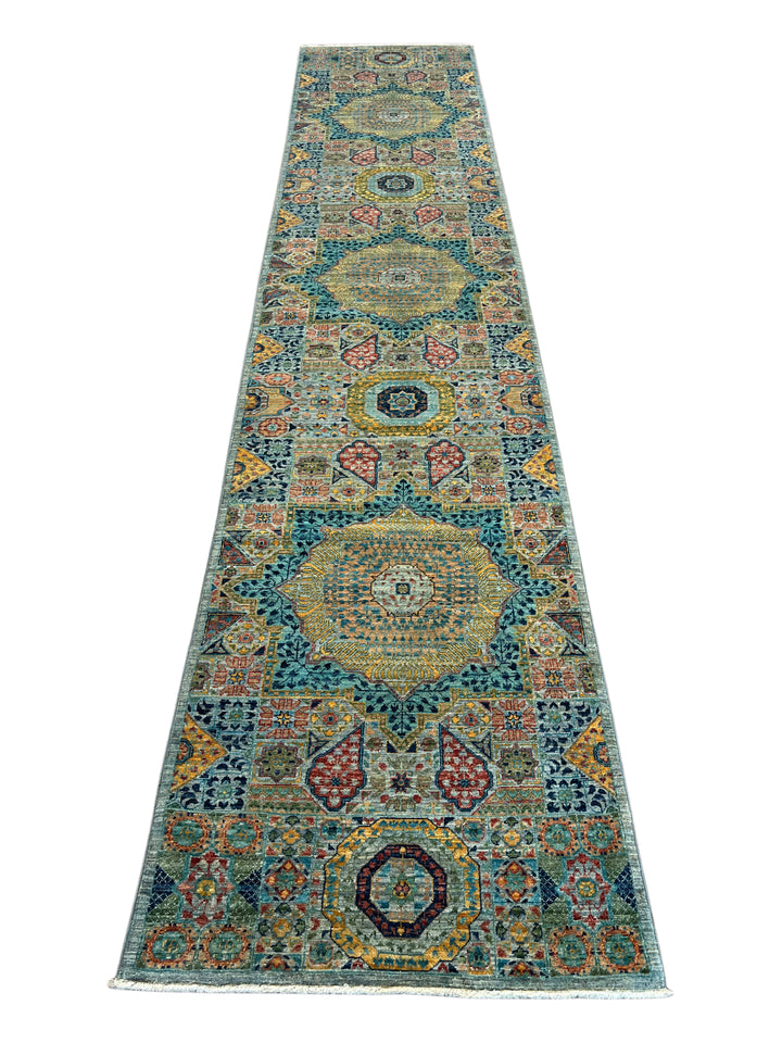 Sage Green, Teal &amp; Gold Geometric Medallion Wool Runner Rug – 2.8’ x 12.9’