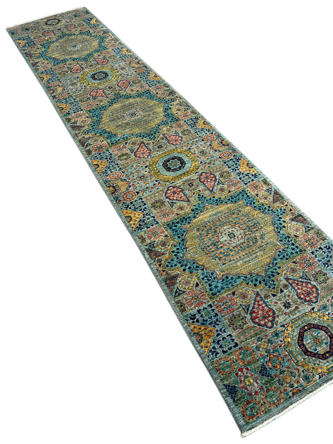 Sage Green, Teal &amp; Gold Geometric Medallion Wool Runner Rug – 2.8’ x 12.9’