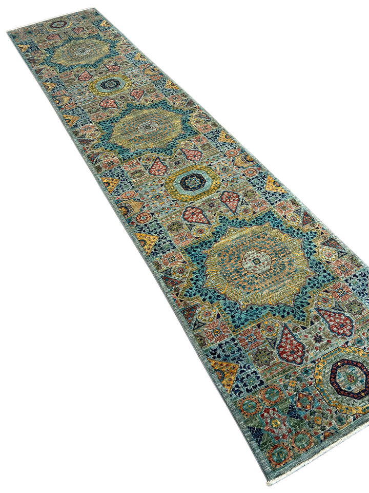 Sage Green, Teal &amp; Gold Geometric Medallion Wool Runner Rug – 2.8’ x 12.9’