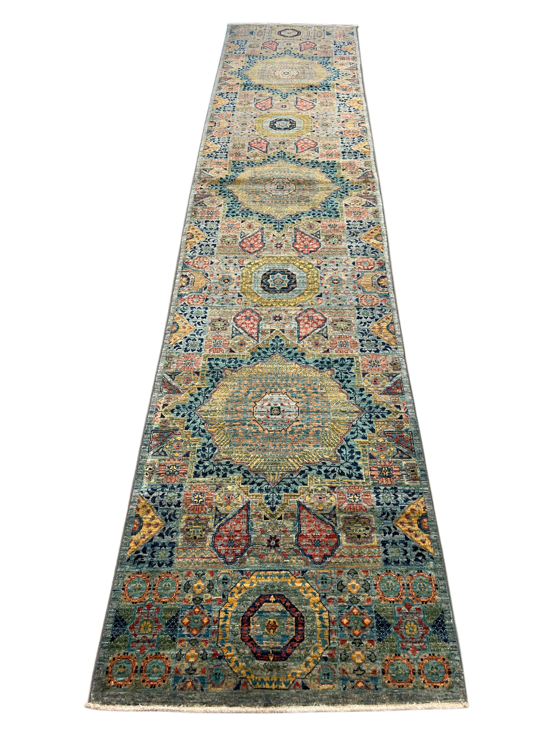 Sage Green, Teal &amp; Gold Geometric Medallion Wool Runner Rug – 2.8’ x 12.9’