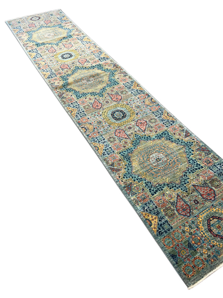 Sage Green, Teal &amp; Gold Geometric Medallion Wool Runner Rug – 2.8’ x 12.9’