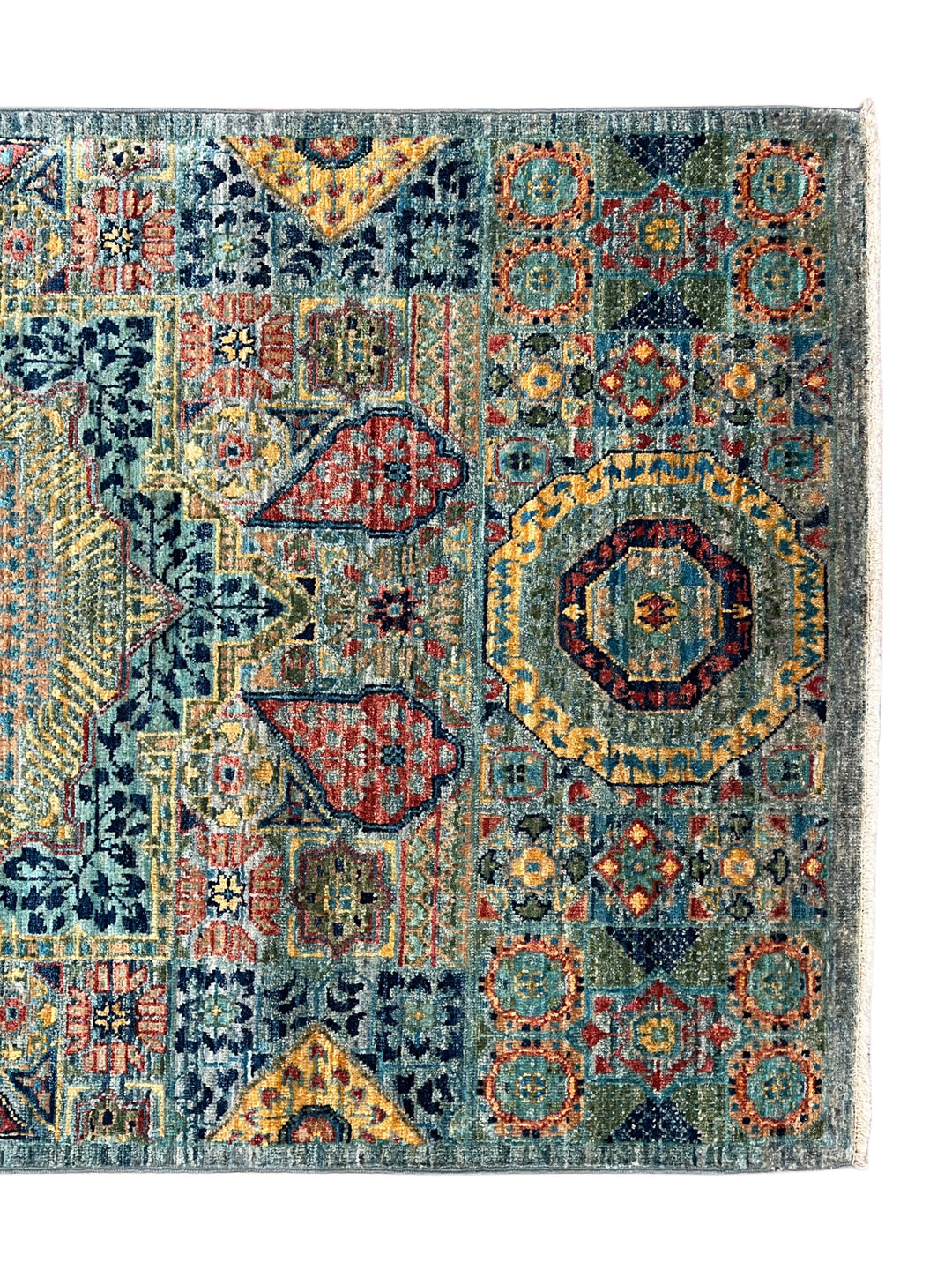 Sage Green, Teal &amp; Gold Geometric Medallion Wool Runner Rug – 2.8’ x 12.9’