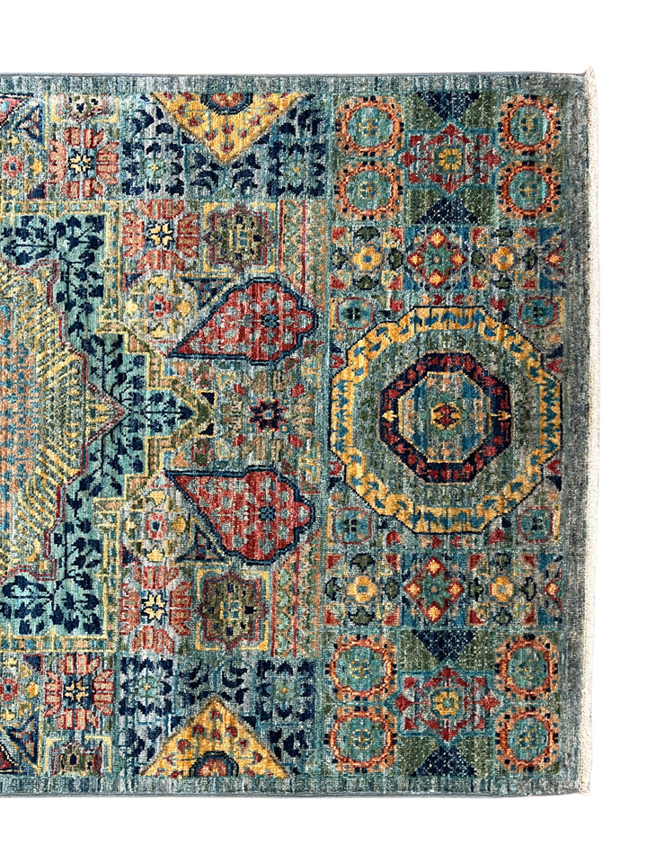 Sage Green, Teal &amp; Gold Geometric Medallion Wool Runner Rug – 2.8’ x 12.9’