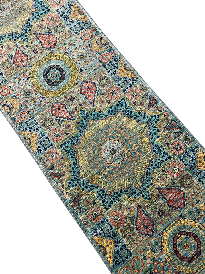 Sage Green, Teal &amp; Gold Geometric Medallion Wool Runner Rug – 2.8’ x 12.9’