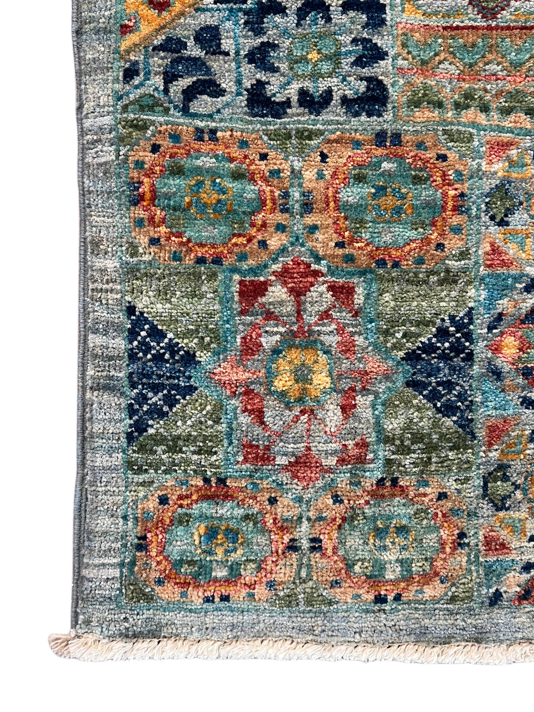 Sage Green, Teal &amp; Gold Geometric Medallion Wool Runner Rug – 2.8’ x 12.9’