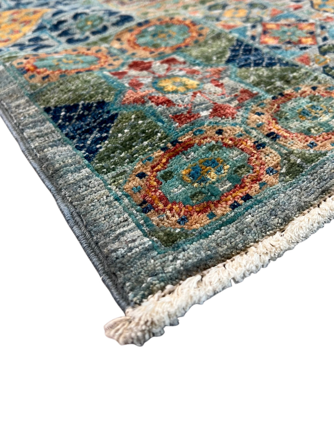 Sage Green, Teal &amp; Gold Geometric Medallion Wool Runner Rug – 2.8’ x 12.9’