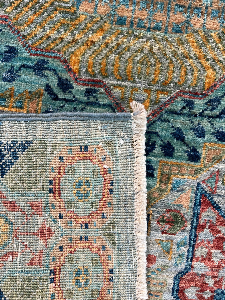 Sage Green, Teal &amp; Gold Geometric Medallion Wool Runner Rug – 2.8’ x 12.9’