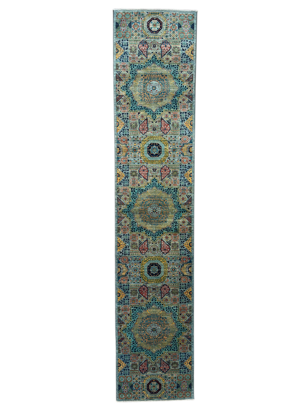 Sage Green, Teal &amp; Gold Ornate Medallion Wool Runner Rug – 2.8’ x 13.0’