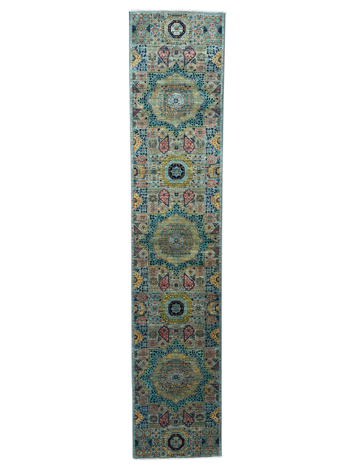Sage Green, Teal &amp; Gold Ornate Medallion Wool Runner Rug – 2.8’ x 13.0’
