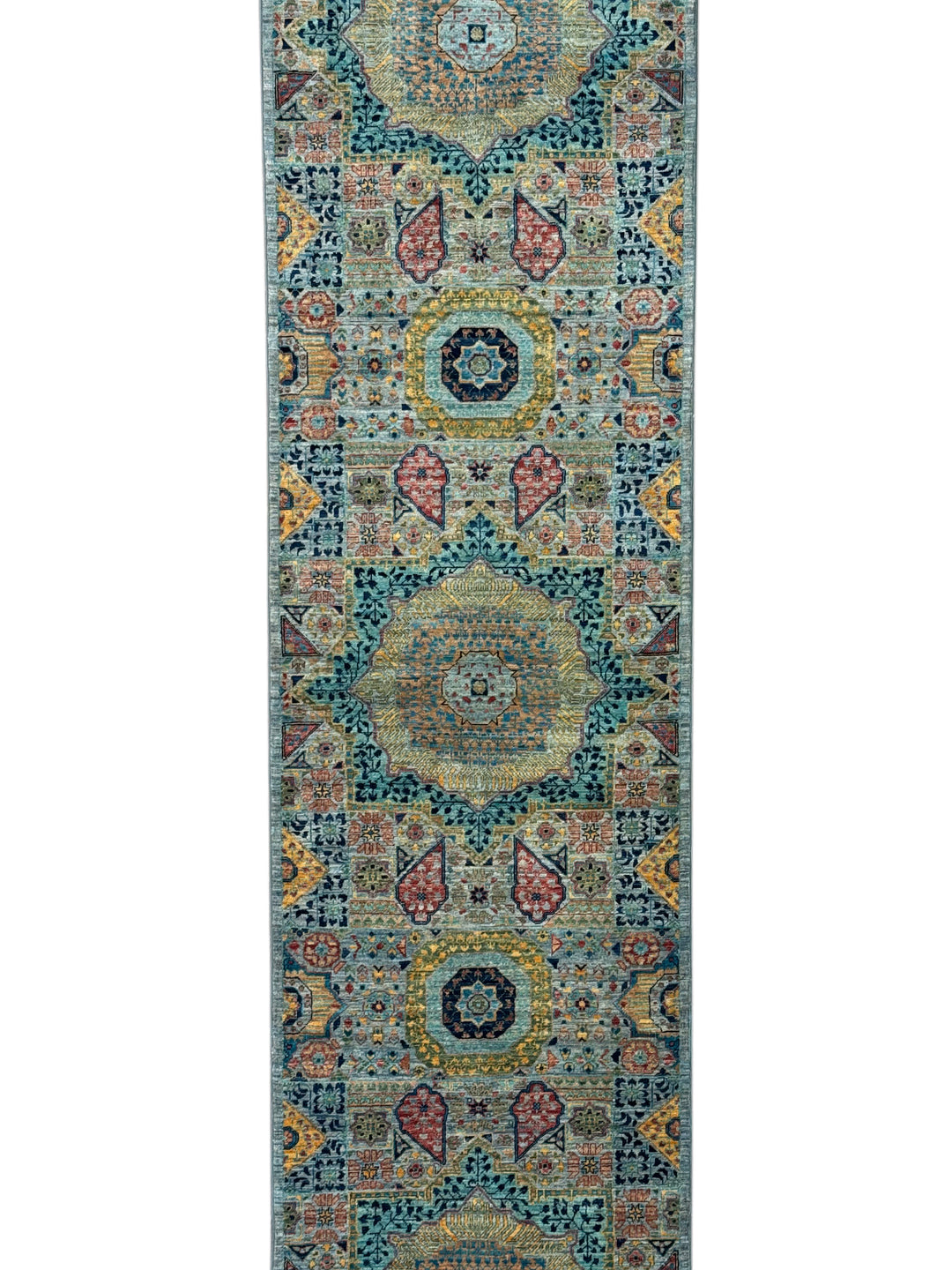 Sage Green, Teal &amp; Gold Ornate Medallion Wool Runner Rug – 2.8’ x 13.0’