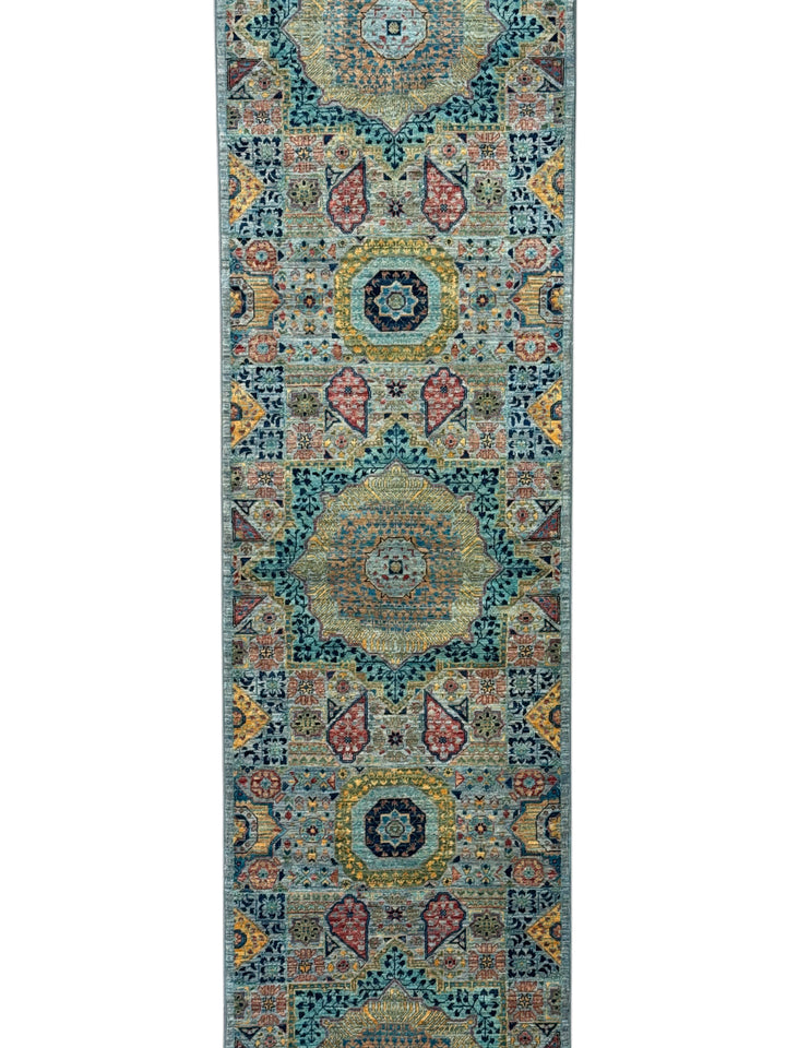 Sage Green, Teal &amp; Gold Ornate Medallion Wool Runner Rug – 2.8’ x 13.0’