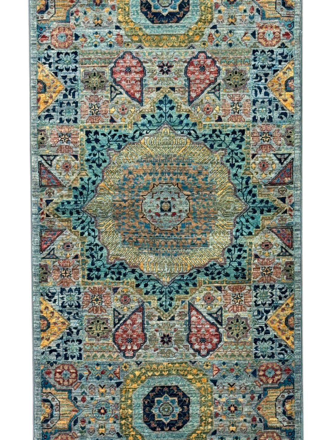 Sage Green, Teal &amp; Gold Ornate Medallion Wool Runner Rug – 2.8’ x 13.0’