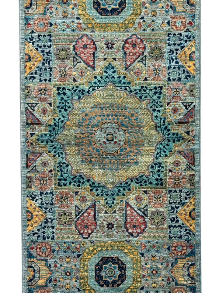 Sage Green, Teal &amp; Gold Ornate Medallion Wool Runner Rug – 2.8’ x 13.0’