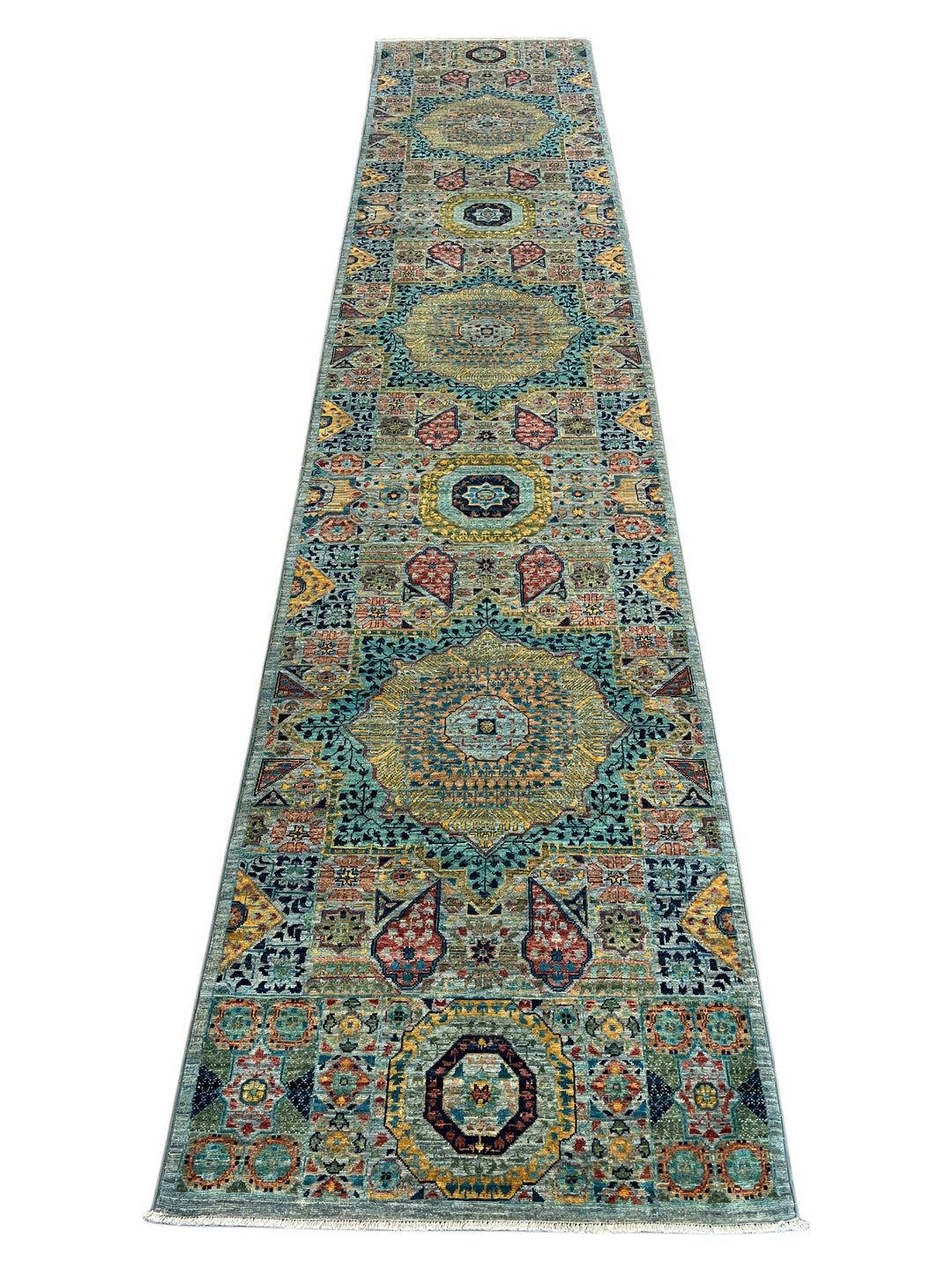 Sage Green, Teal &amp; Gold Ornate Medallion Wool Runner Rug – 2.8’ x 13.0’