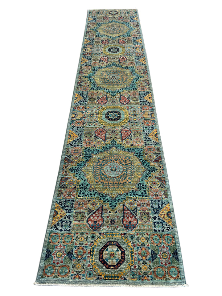 Sage Green, Teal &amp; Gold Ornate Medallion Wool Runner Rug – 2.8’ x 13.0’