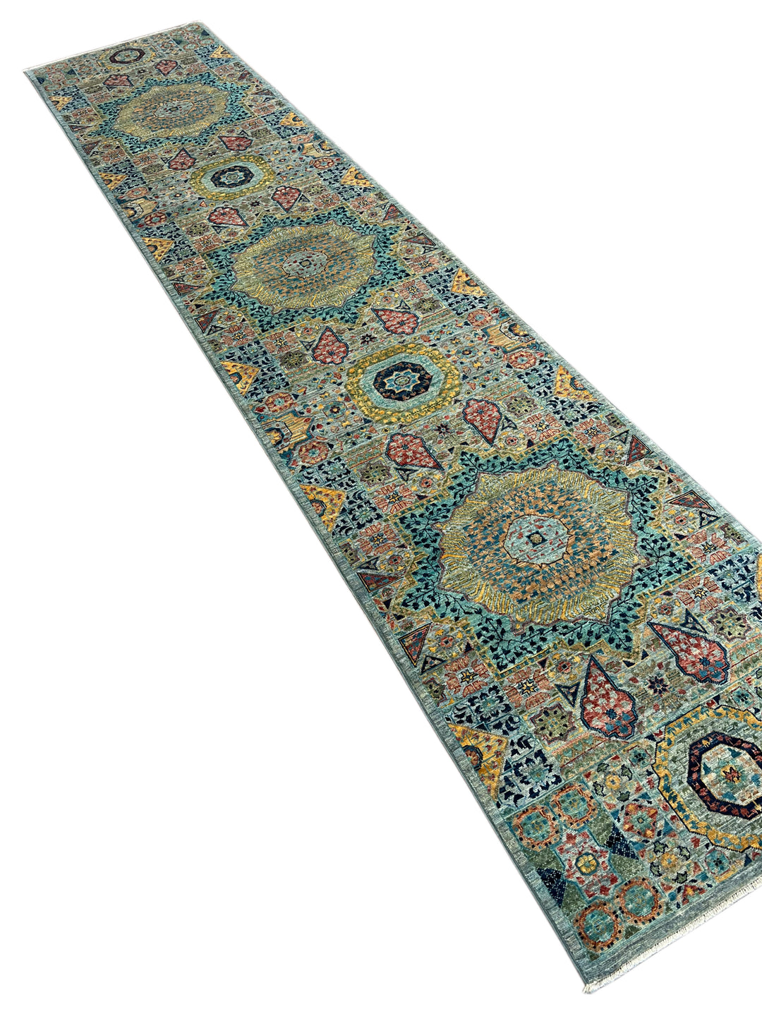 Sage Green, Teal &amp; Gold Ornate Medallion Wool Runner Rug – 2.8’ x 13.0’