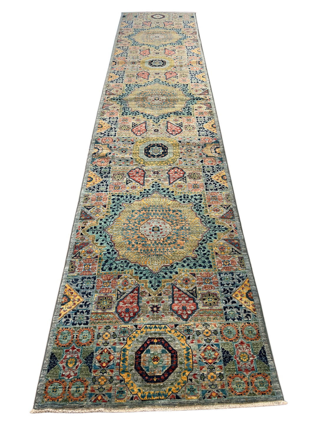Sage Green, Teal &amp; Gold Ornate Medallion Wool Runner Rug – 2.8’ x 13.0’