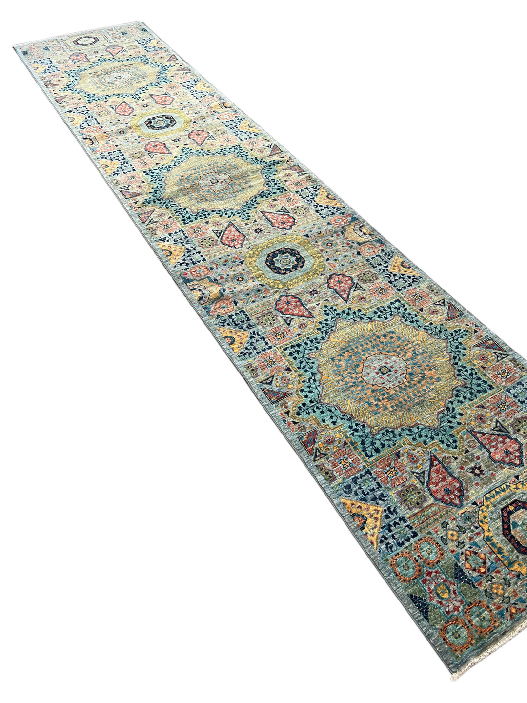 Sage Green, Teal &amp; Gold Ornate Medallion Wool Runner Rug – 2.8’ x 13.0’