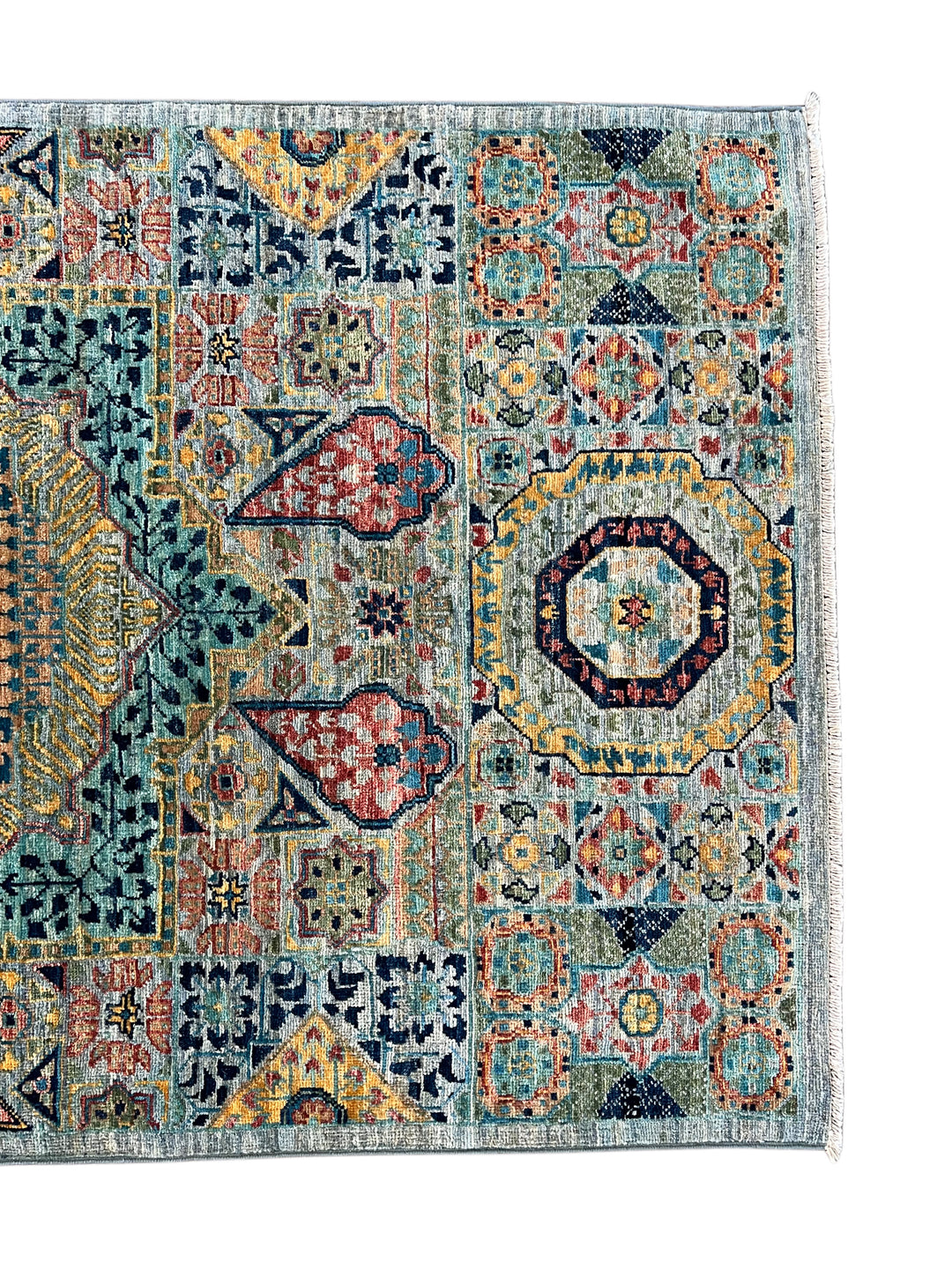 Sage Green, Teal &amp; Gold Ornate Medallion Wool Runner Rug – 2.8’ x 13.0’