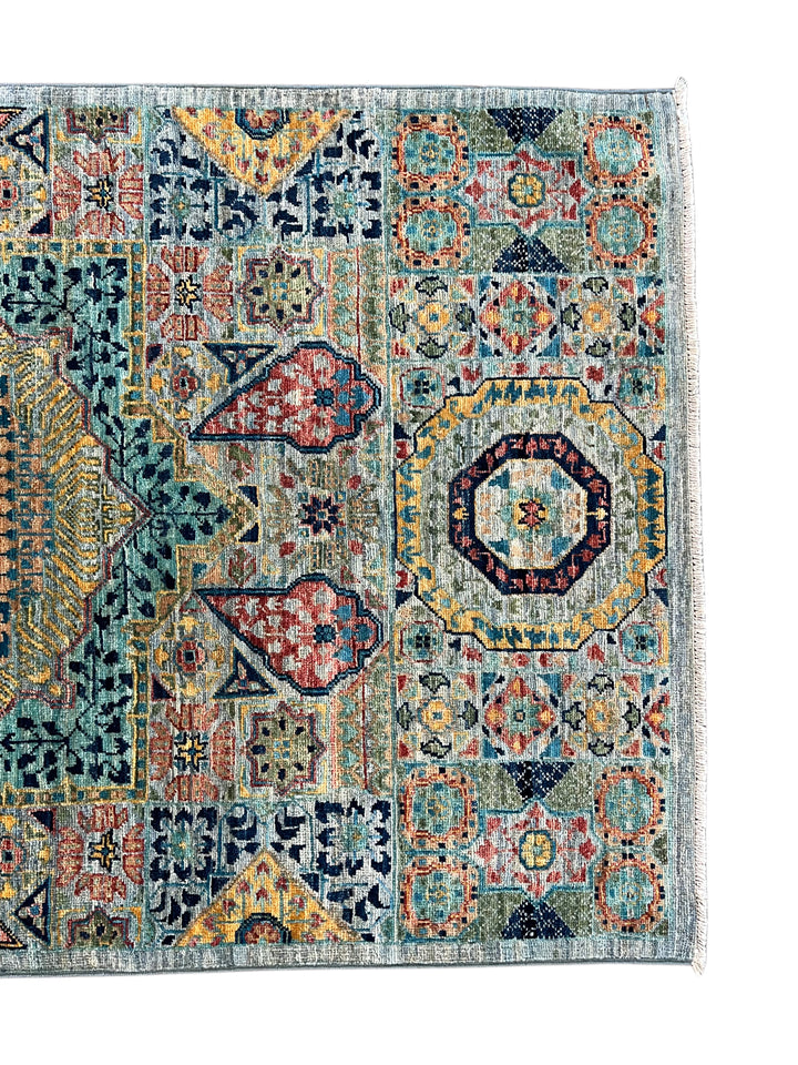 Sage Green, Teal &amp; Gold Ornate Medallion Wool Runner Rug – 2.8’ x 13.0’