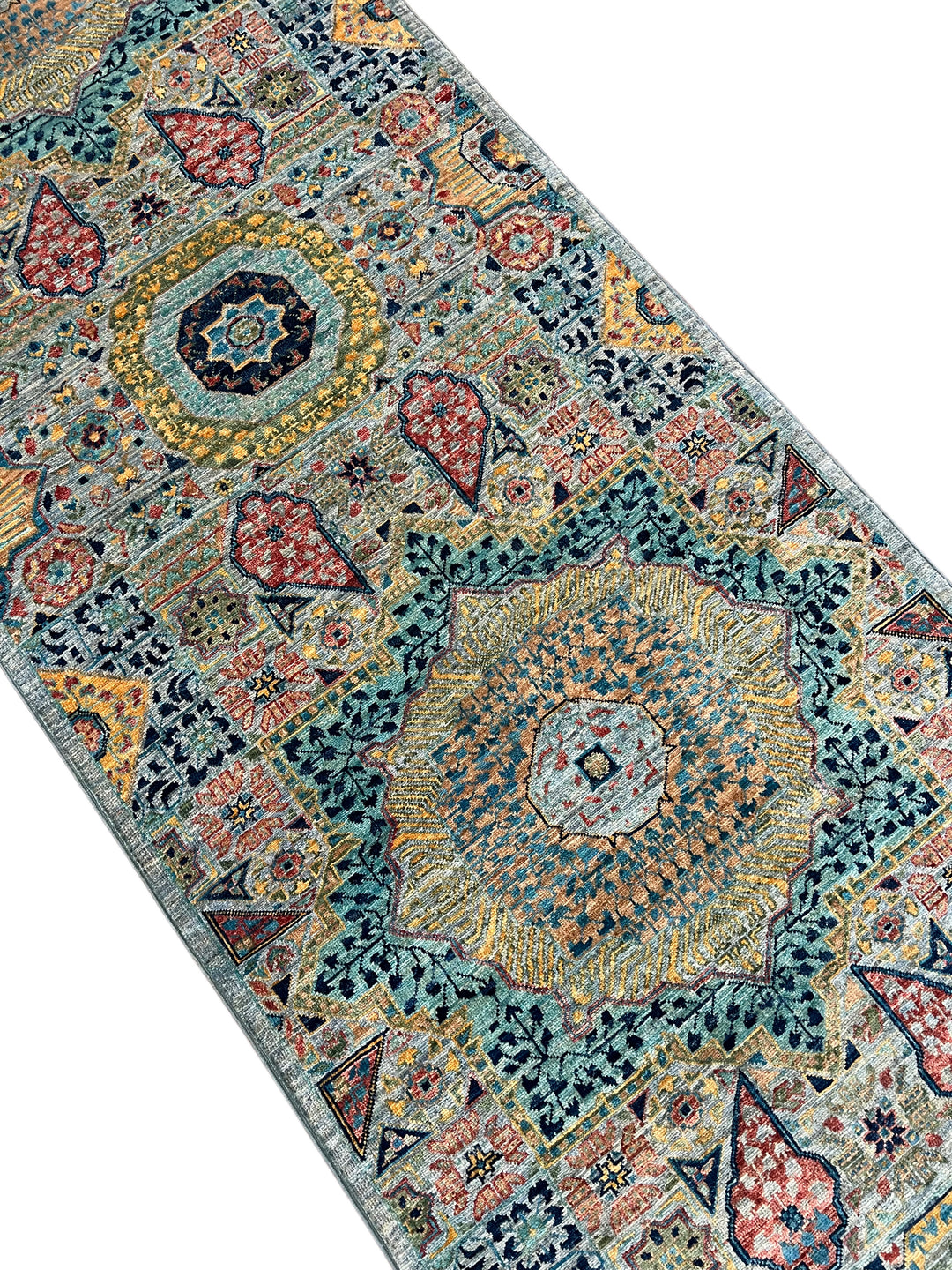 Sage Green, Teal &amp; Gold Ornate Medallion Wool Runner Rug – 2.8’ x 13.0’