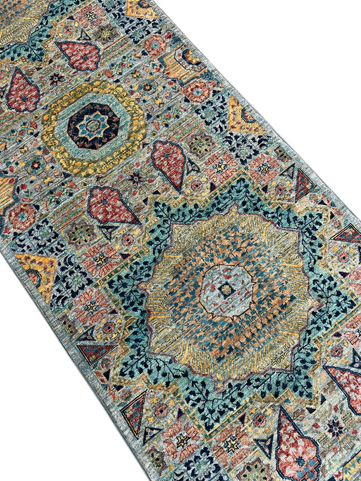 Sage Green, Teal &amp; Gold Ornate Medallion Wool Runner Rug – 2.8’ x 13.0’