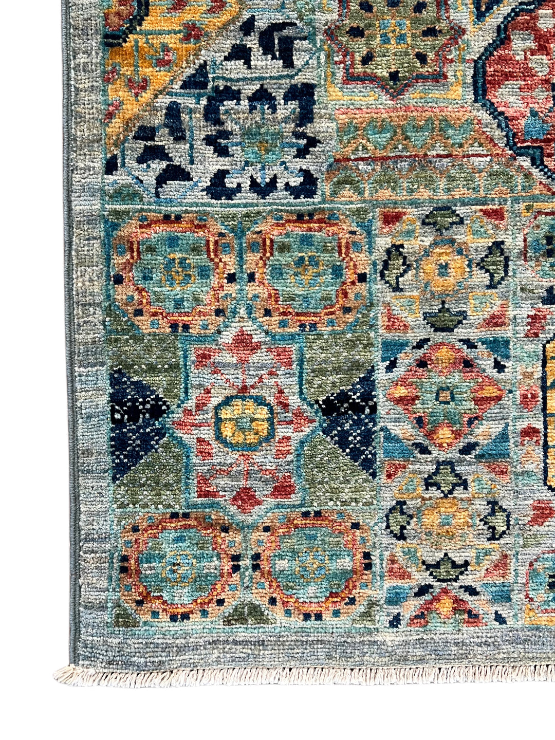 Sage Green, Teal &amp; Gold Ornate Medallion Wool Runner Rug – 2.8’ x 13.0’