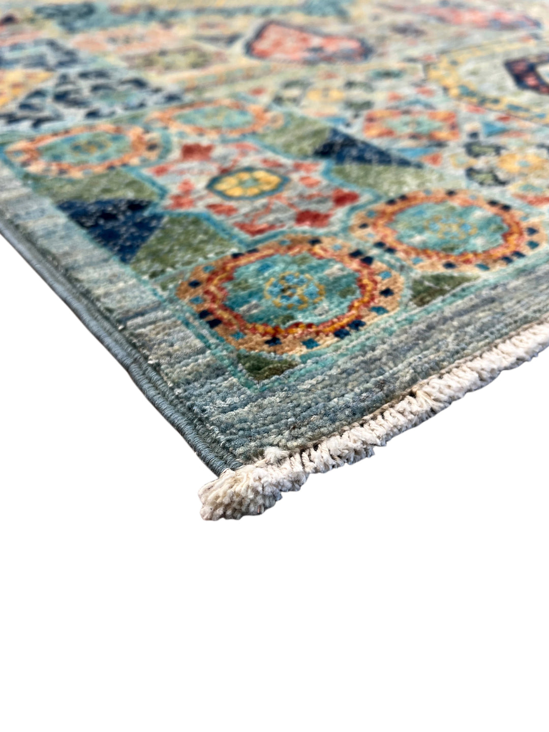 Sage Green, Teal &amp; Gold Ornate Medallion Wool Runner Rug – 2.8’ x 13.0’