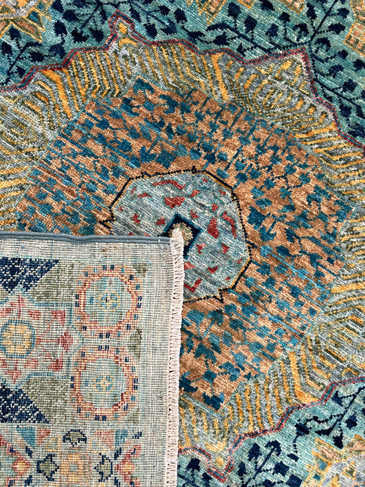 Sage Green, Teal &amp; Gold Ornate Medallion Wool Runner Rug – 2.8’ x 13.0’