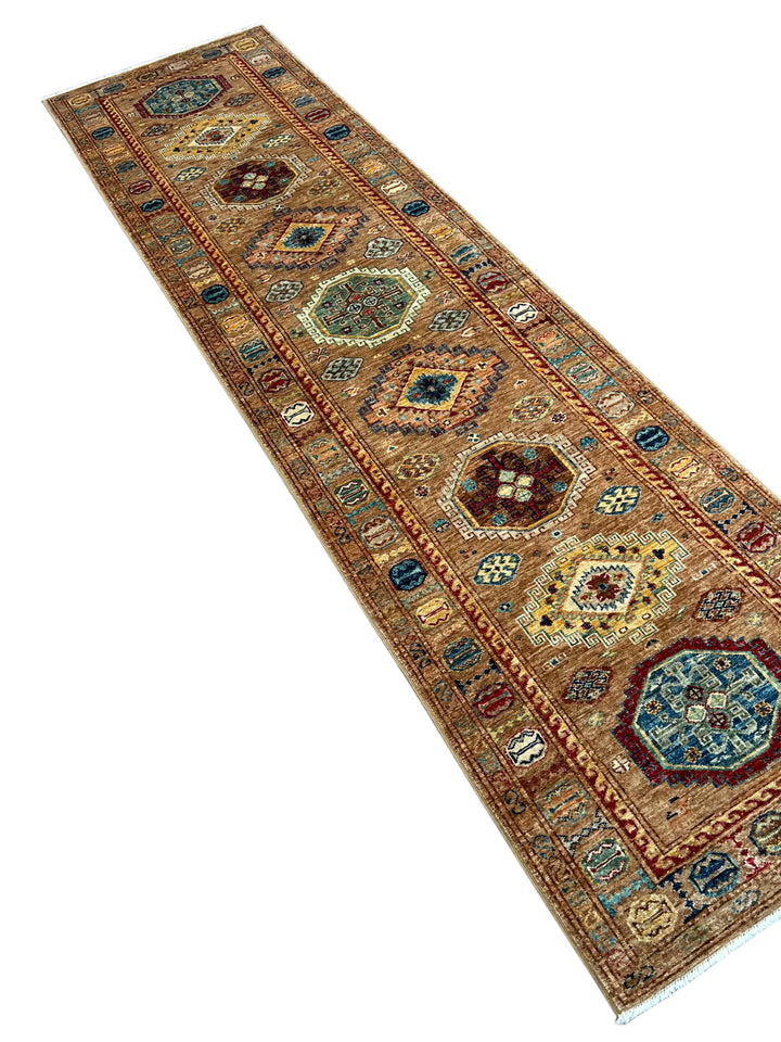 Camel, Teal &amp; Rust Geometric Medallion Wool Runner Rug – 2.8’ x 9.11’