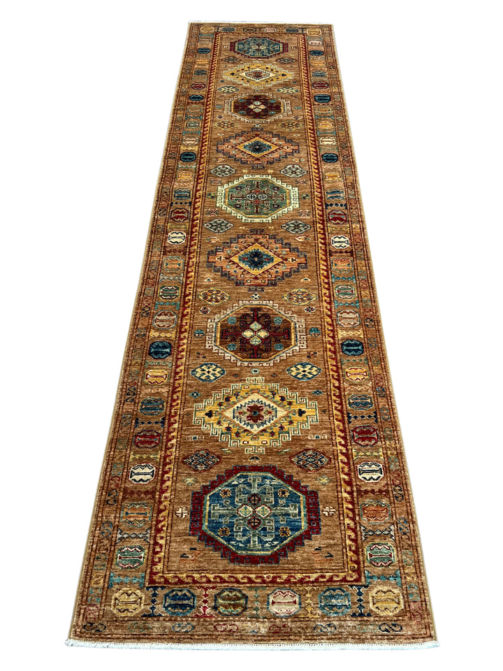 Camel, Teal &amp; Rust Geometric Medallion Wool Runner Rug – 2.8’ x 9.11’