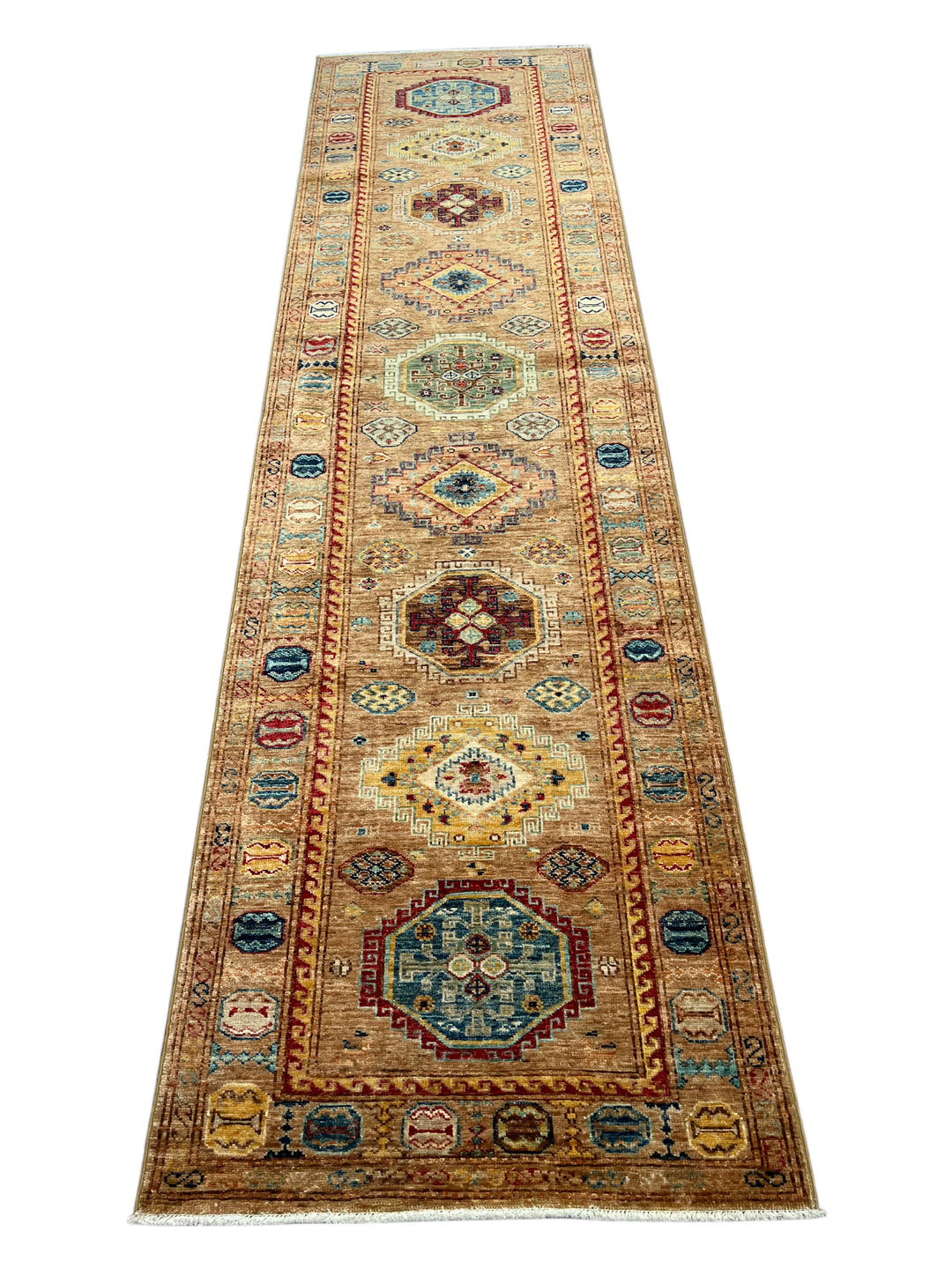 Camel, Teal &amp; Rust Geometric Medallion Wool Runner Rug – 2.8’ x 9.11’