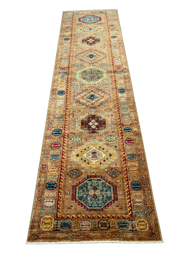 Camel, Teal &amp; Rust Geometric Medallion Wool Runner Rug – 2.8’ x 9.11’