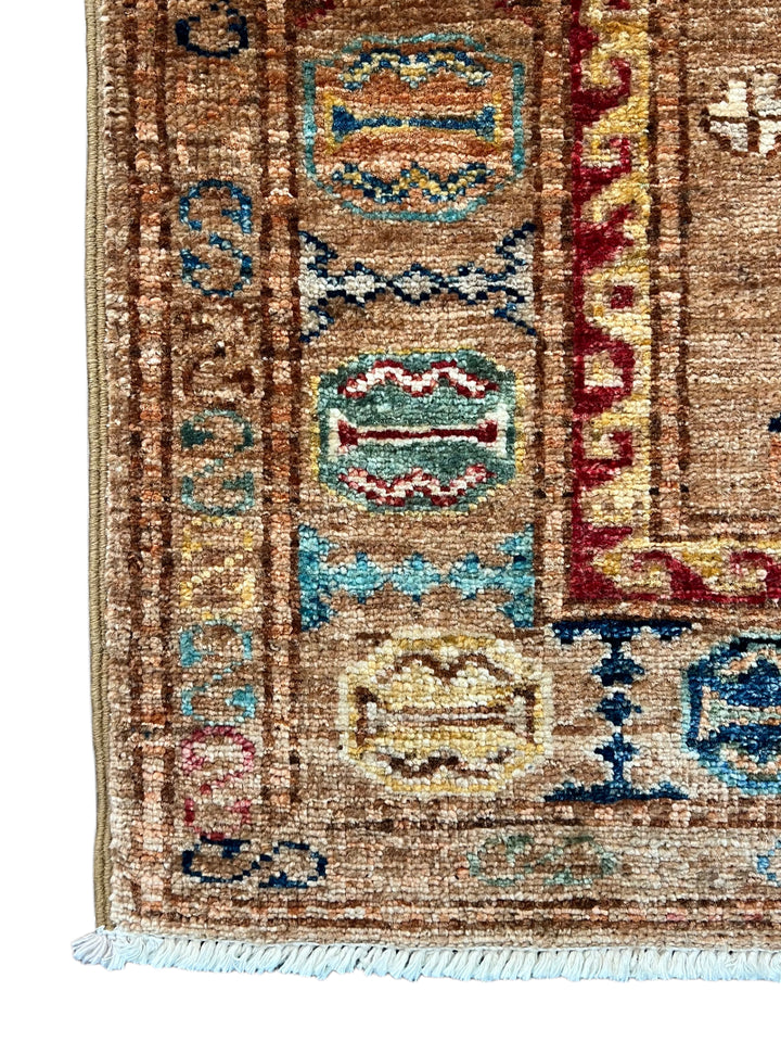Camel, Teal &amp; Rust Geometric Medallion Wool Runner Rug – 2.8’ x 9.11’