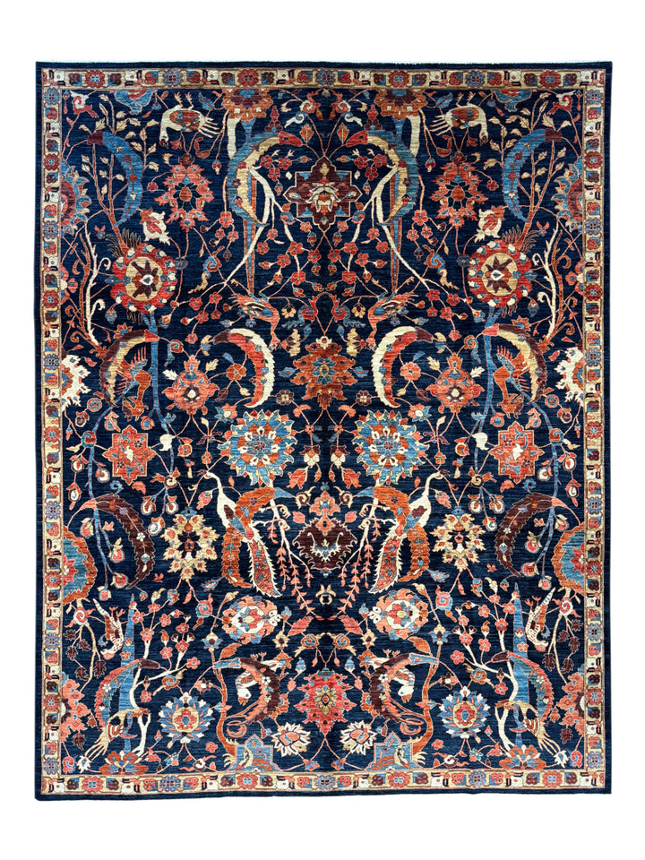 Deep Navy, Rust &amp; Blue Botanical Wool Rug with Birds – 9.0’ x 11.6’